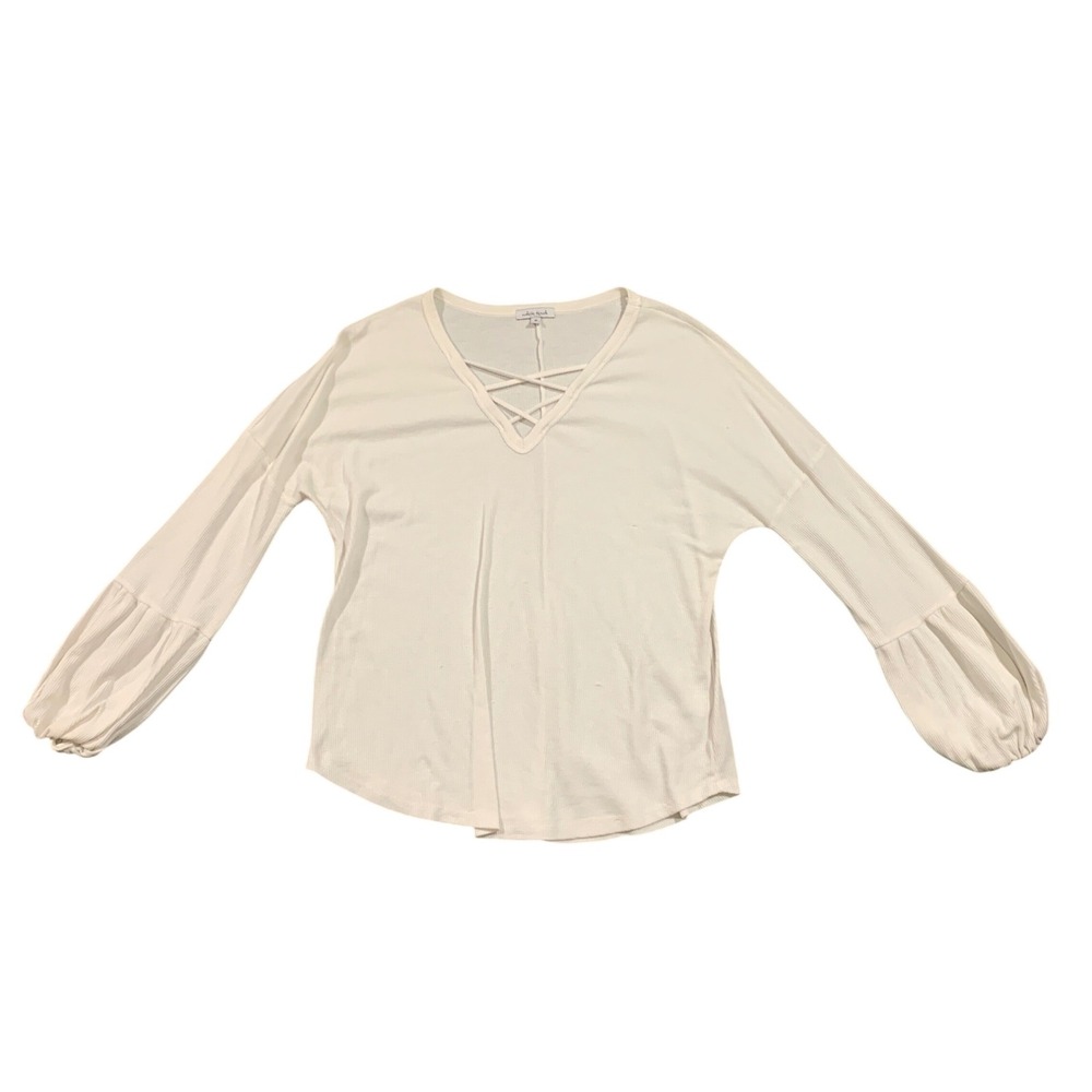 VTG White Birch Womens M White Waffle Knit Criss Cross V-Neck Lantern Sleeve Top